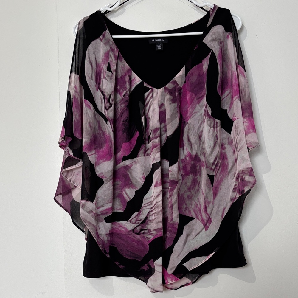 le chateau Black and Purple Floral Sheer Flutter Blouse